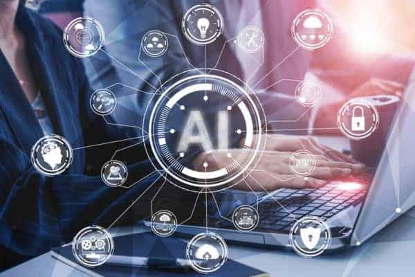 AI Learning and Artificial Intelligence Concept - Icon Graphic Interface showing computer, machine thinking and AI Artificial Intelligence of Digital Robotic Devices.